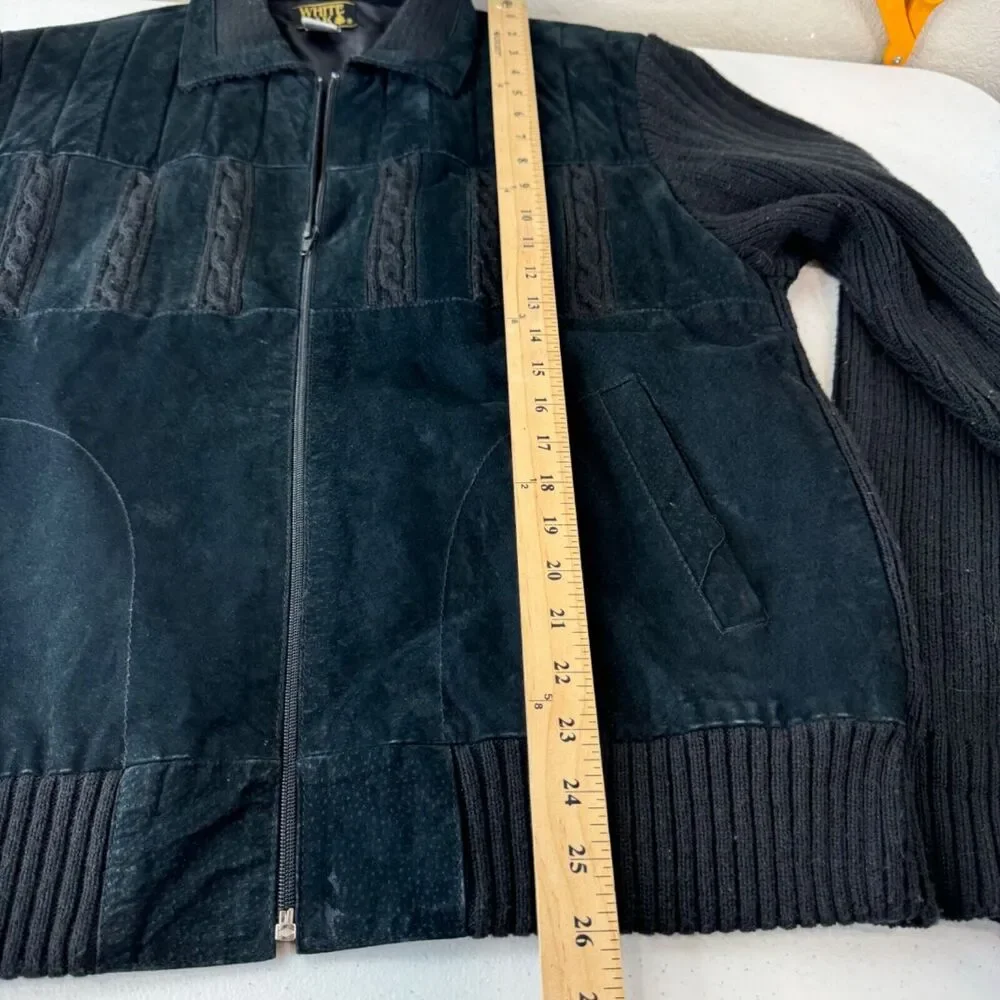 White Oak Mens Large Black Leather Knit Bomber Jacket 80s 90s‎ Grandpa Sweater